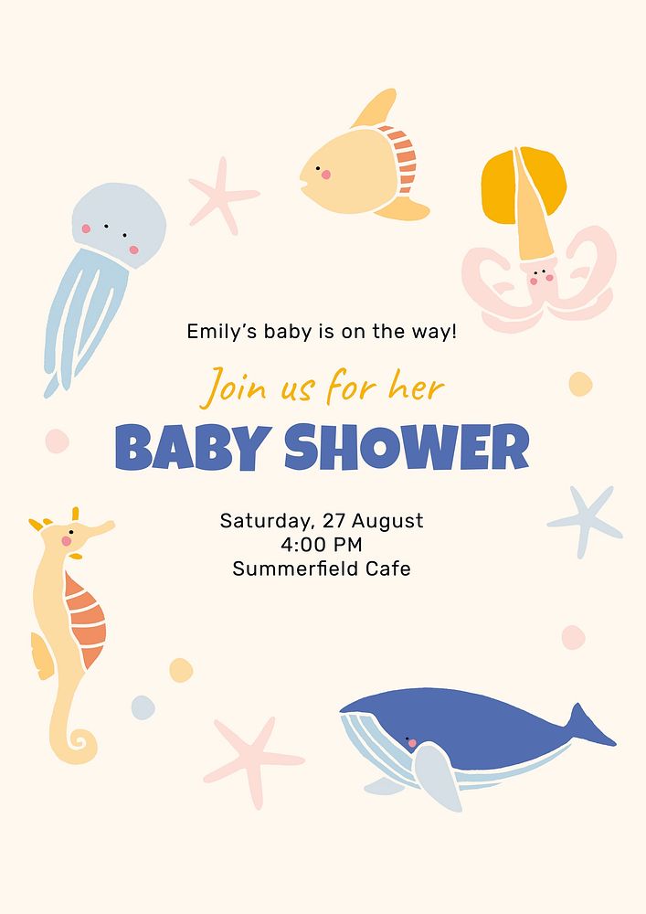 Baby shower celebration template, cute sea animals invitation card vector
