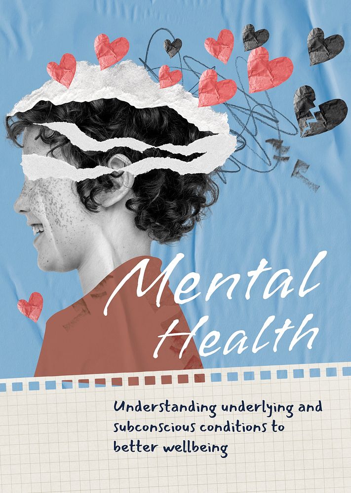 Mental health poster template, surreal paper collage psd