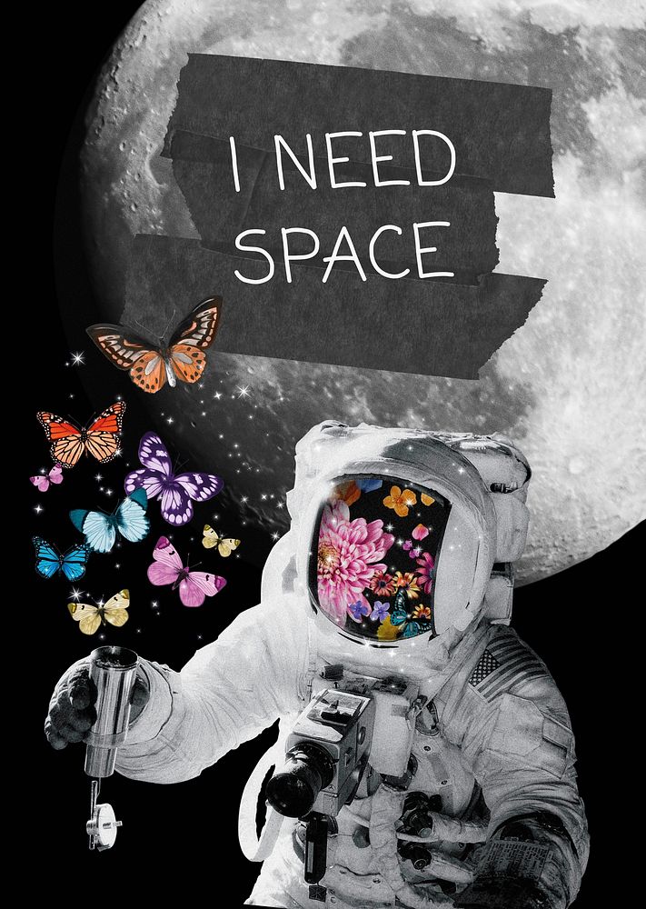 Aesthetic space poster template, surreal paper collage psd