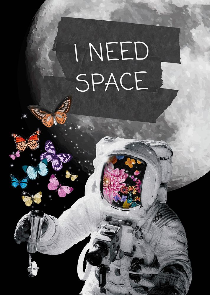 Aesthetic space poster template, surreal paper collage vector
