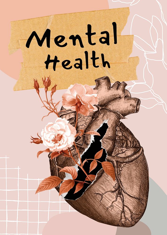 Mental health poster template, floral surrealism design psd