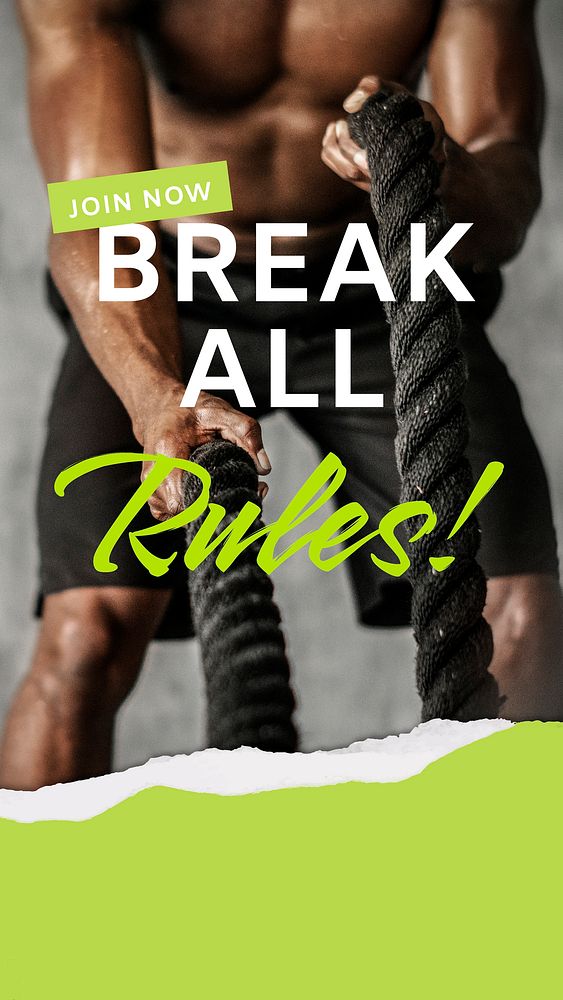 Gym ad Instagram story template, break all rules quote vector