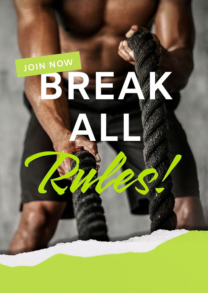 Gym ad poster template, break all rules quote psd