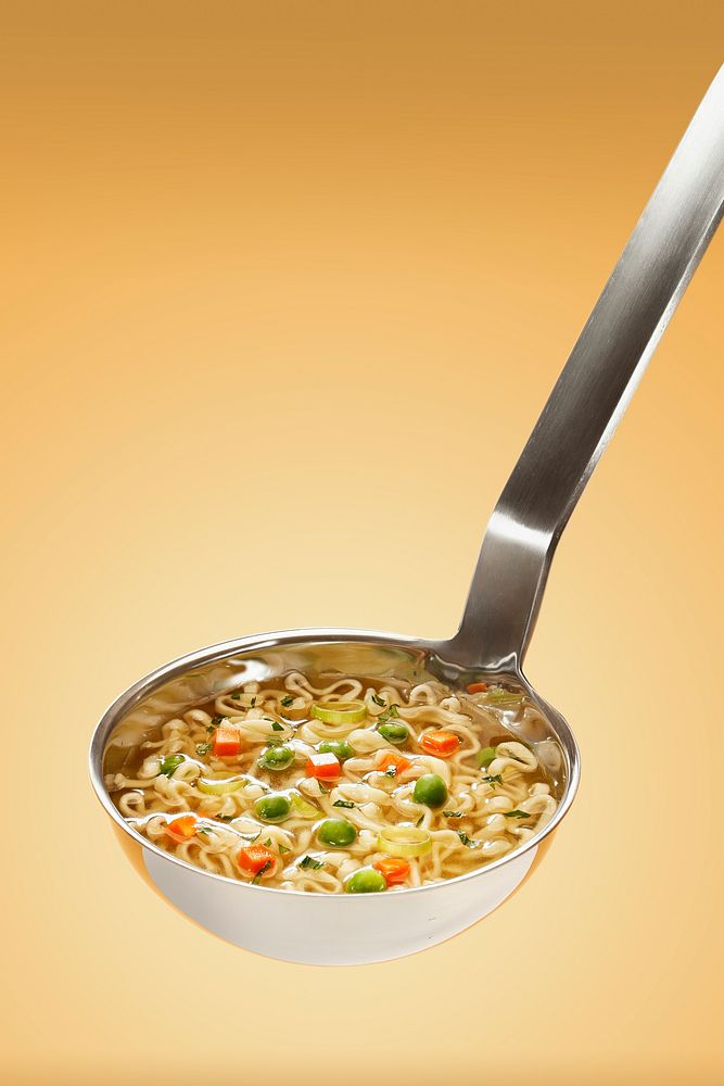 Ladle full of vegetable soup with carrots, peas, and ramen noodles. Original public domain image from Wikimedia Commons