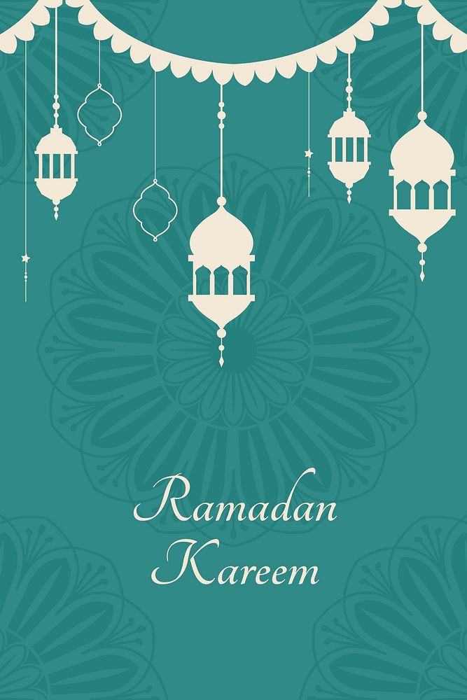 Green Ramadan Kareem background vector with lantern lights and Islamic flowers