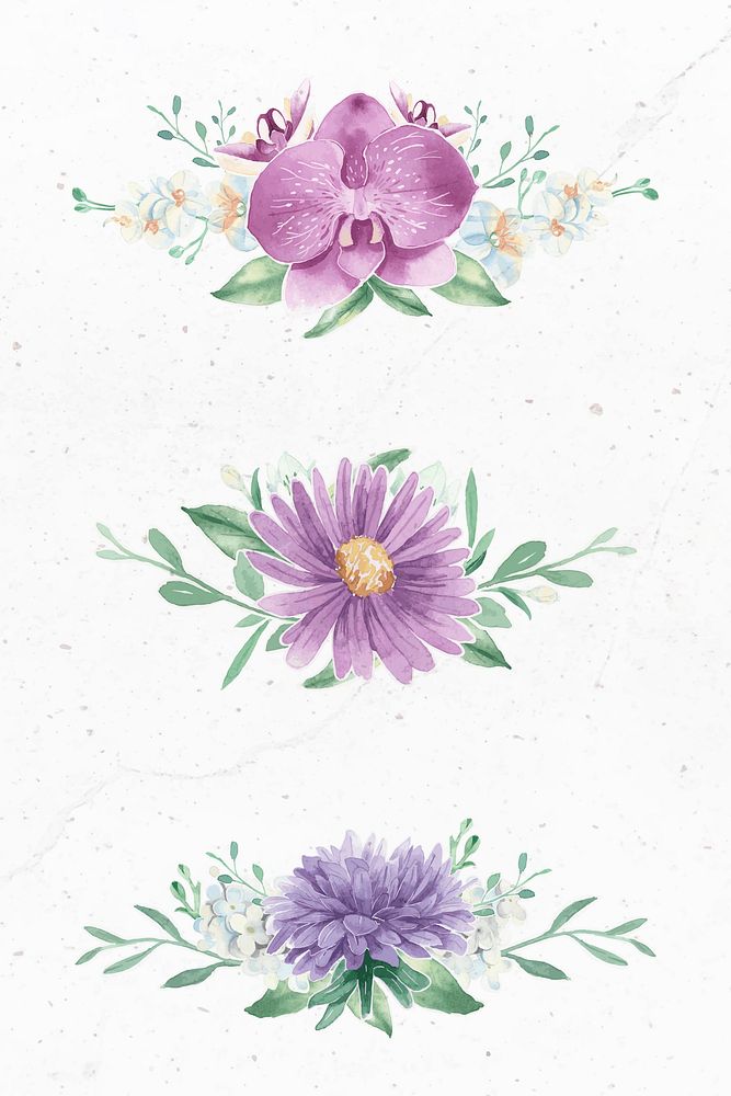 Purple flower elements on white background vector set