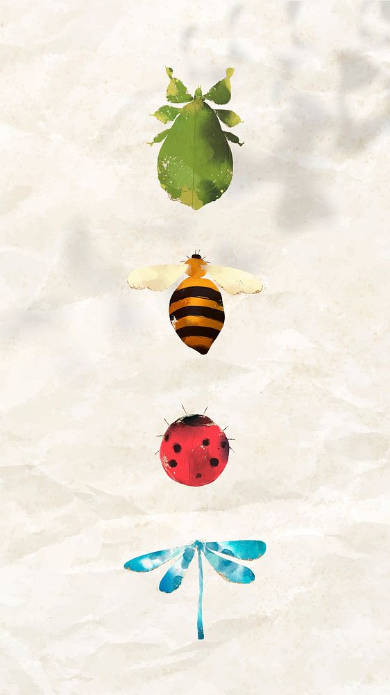Cute watercolor insects collection mobile phone wallpaper vector