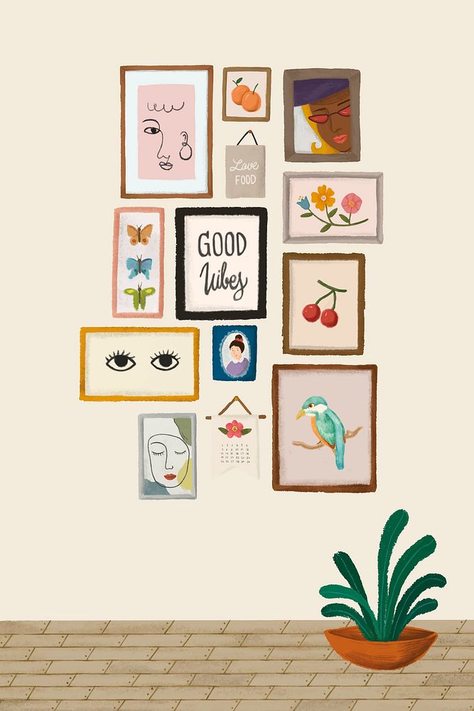 Picture frames on a beige wall sketch style vector