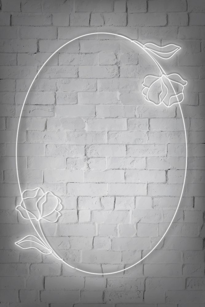 Neon lights oval frame with flowers on white brick wall vector