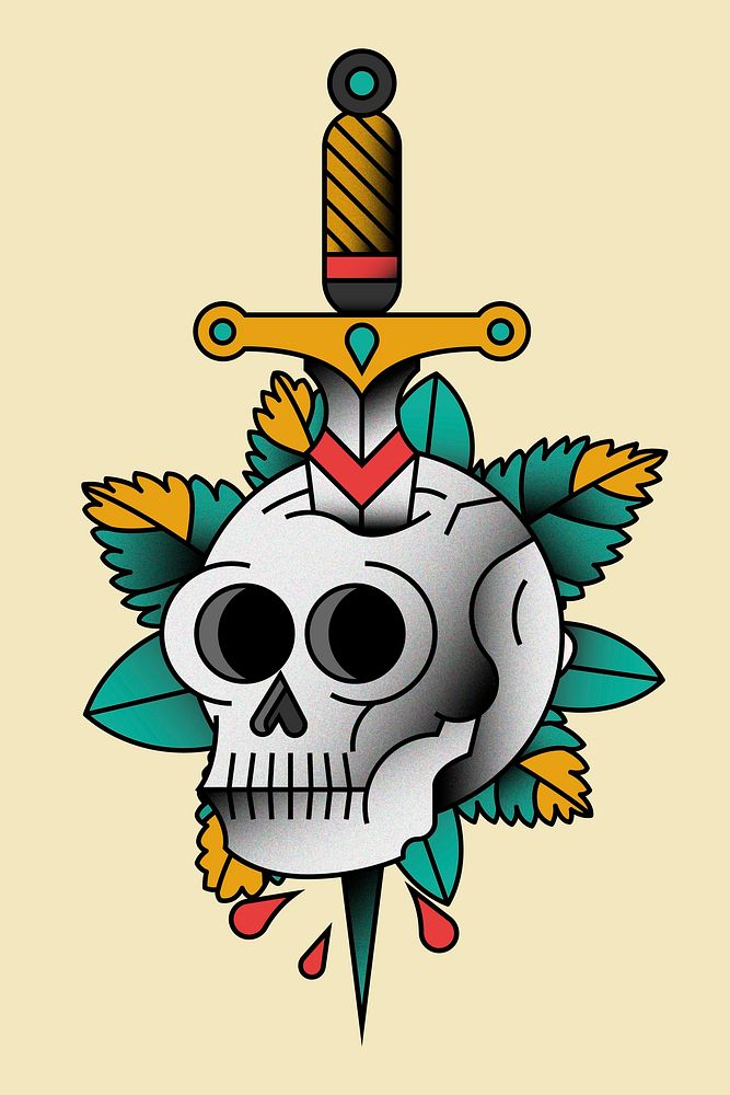 Traditional skull with sword skull with sword sticker isolated on beige background vector
