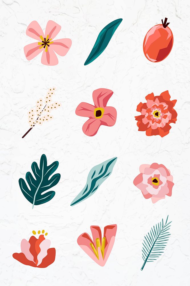 Pink flowers and leaves element set on a white background vector