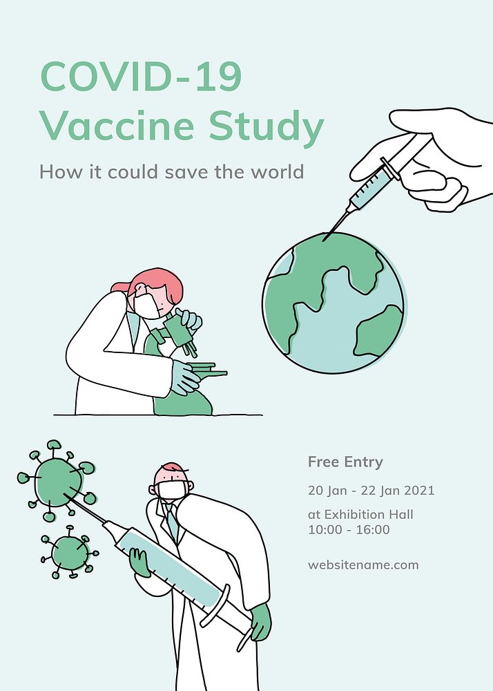 Covid 19 editable template vector vaccine study poster doodle illustration