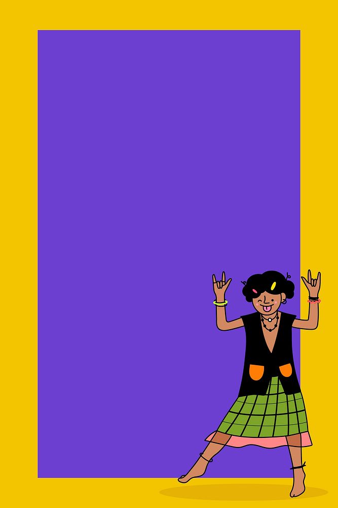 Playful cool kid character on a dull yellow frame and purple background vector