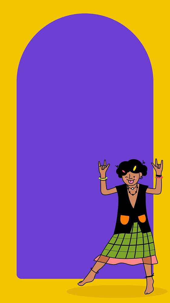 Playful cool kid character on a dull yellow frame and purple background vector