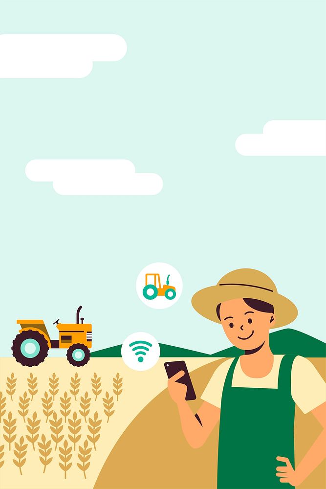 Farmer controlling smart tractor vector with a phone digital farming