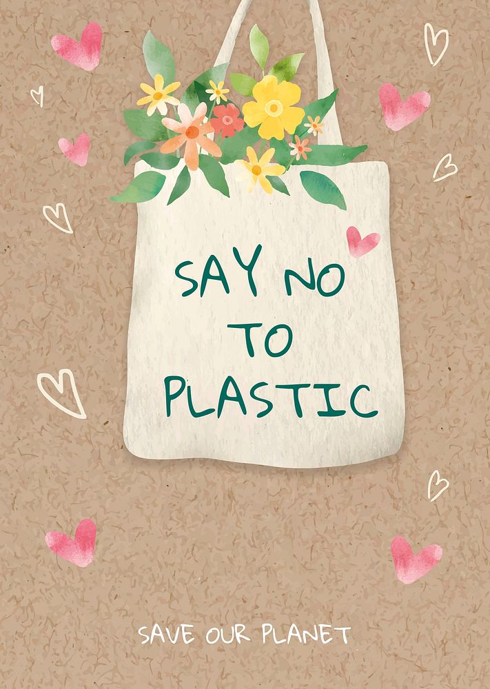Editable environment poster template vector with say no to plastic text in watercolor