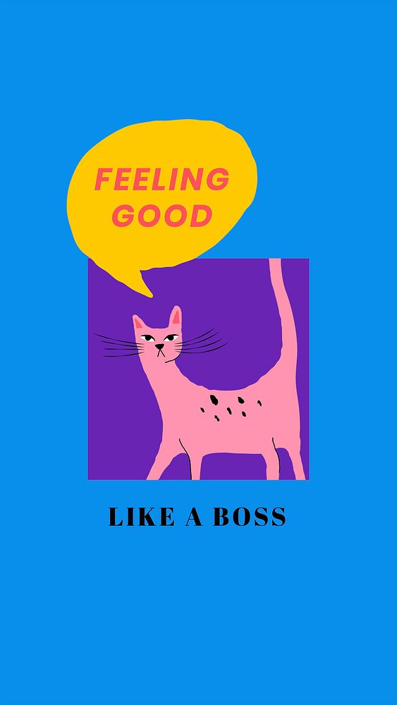 Feeling good phrase vector template with cute cat vintage illustration