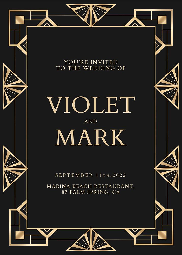 Wedding invitation card vector template with geometric art deco style on dark background