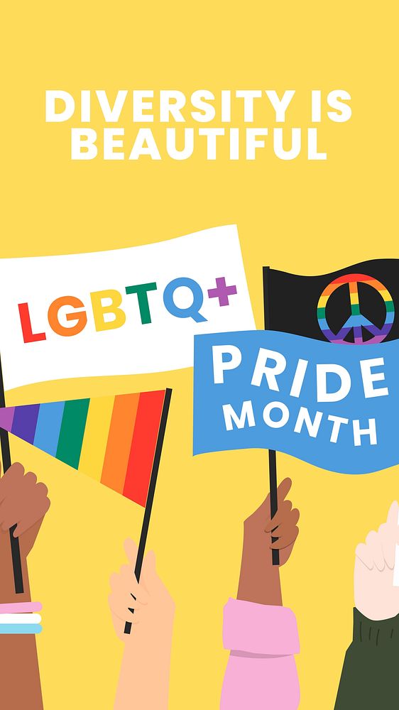 GBTQ rights template vector with activists waving LGBTQ rainbow pride flags
