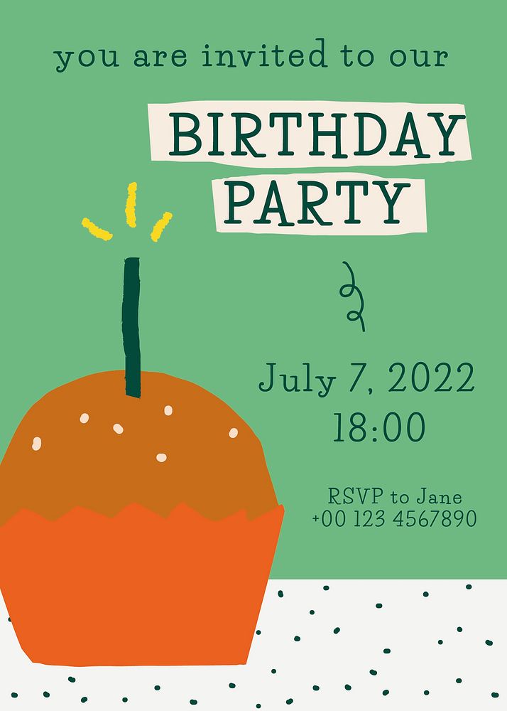 Birthday invitation card template vector with cute doodle cupcake