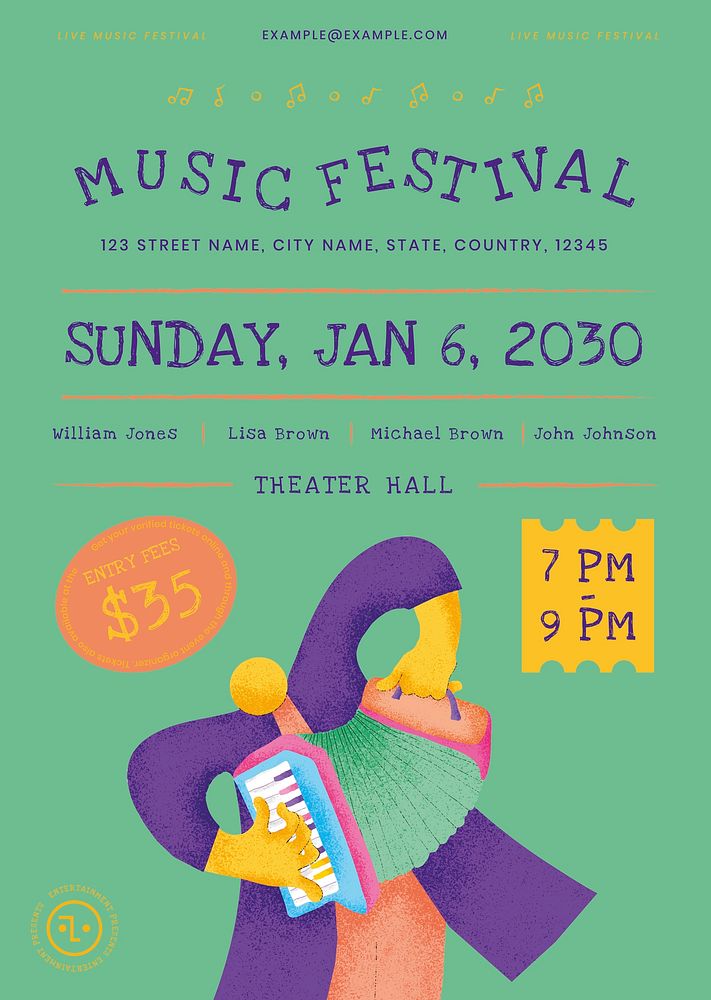 Colorful concert poster template vector with accordionist musician flat graphic