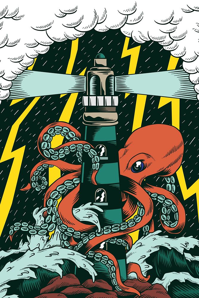 Octopus attacks lighthouse collage element, retro illustration psd