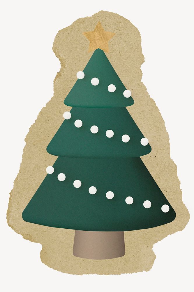 3D Christmas tree, ripped paper collage element 