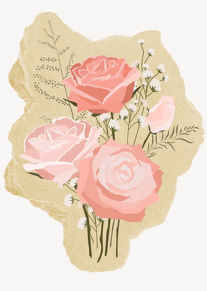 Pink rose flowers, ripped paper collage element