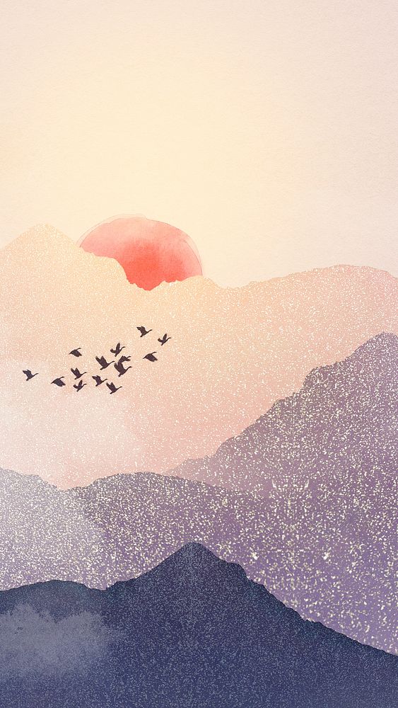 Landscape sunset phone wallpaper, mountain watercolor background