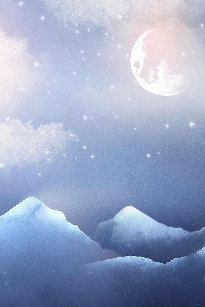 Winter full moon background, blue watercolor sky illustration