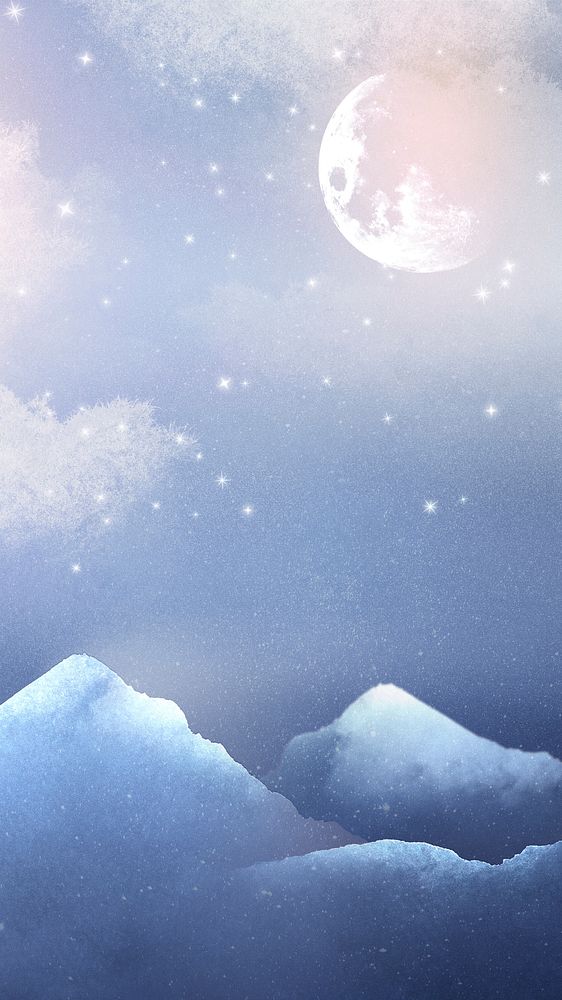 Winter full moon mobile wallpaper, blue watercolor sky background