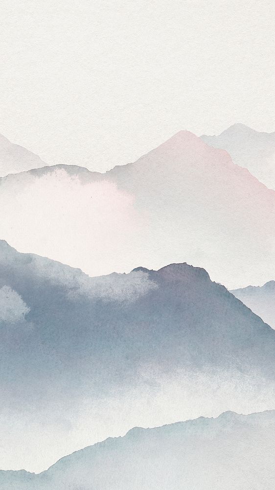 Foggy mountain phone wallpaper, watercolor aesthetic HD background