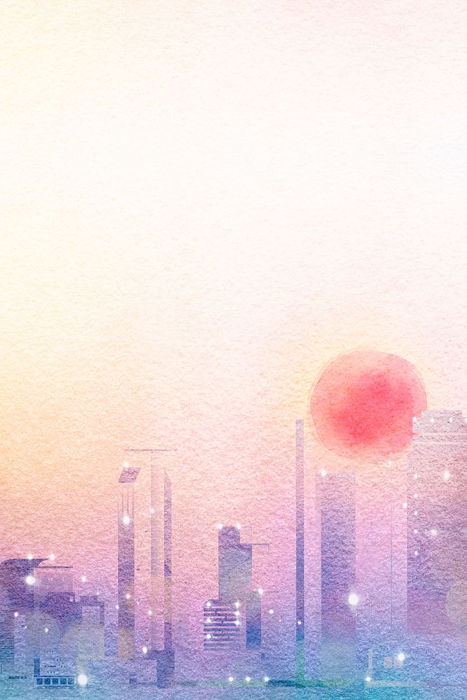 Aesthetic city background, watercolor sunset border