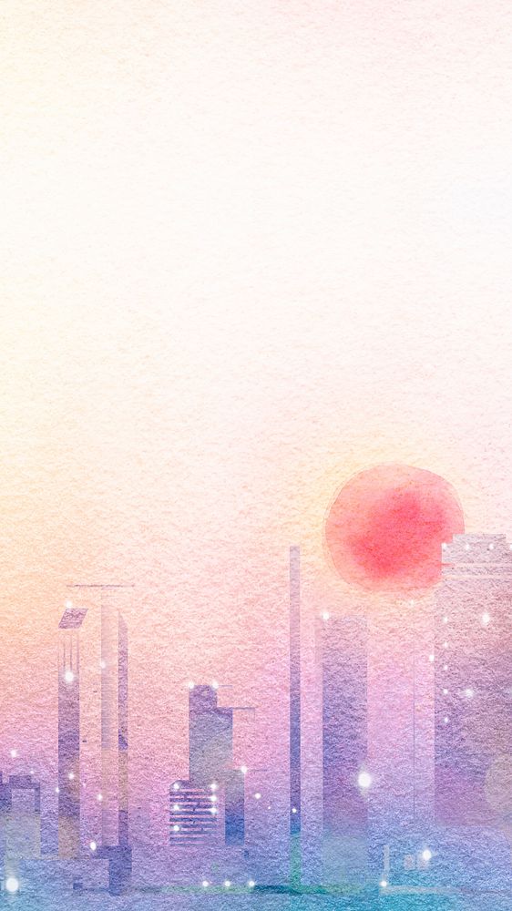 City sunset phone wallpaper, watercolor aesthetic background