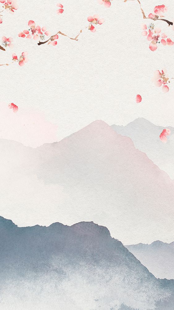Japanese floral mobile wallpaper, watercolor mountain landscape background
