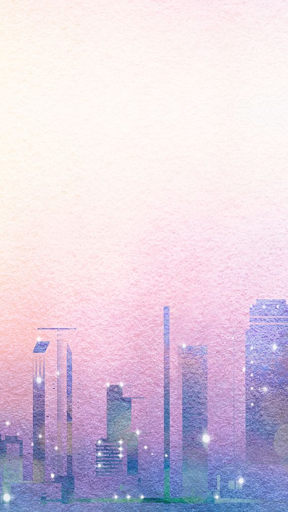 Purple skyline mobile wallpaper, watercolor city HD background