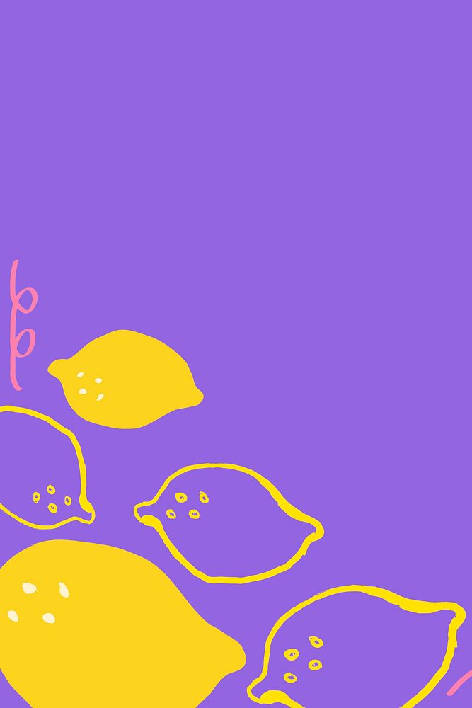 Cute lemon background, purple fruit doodle border