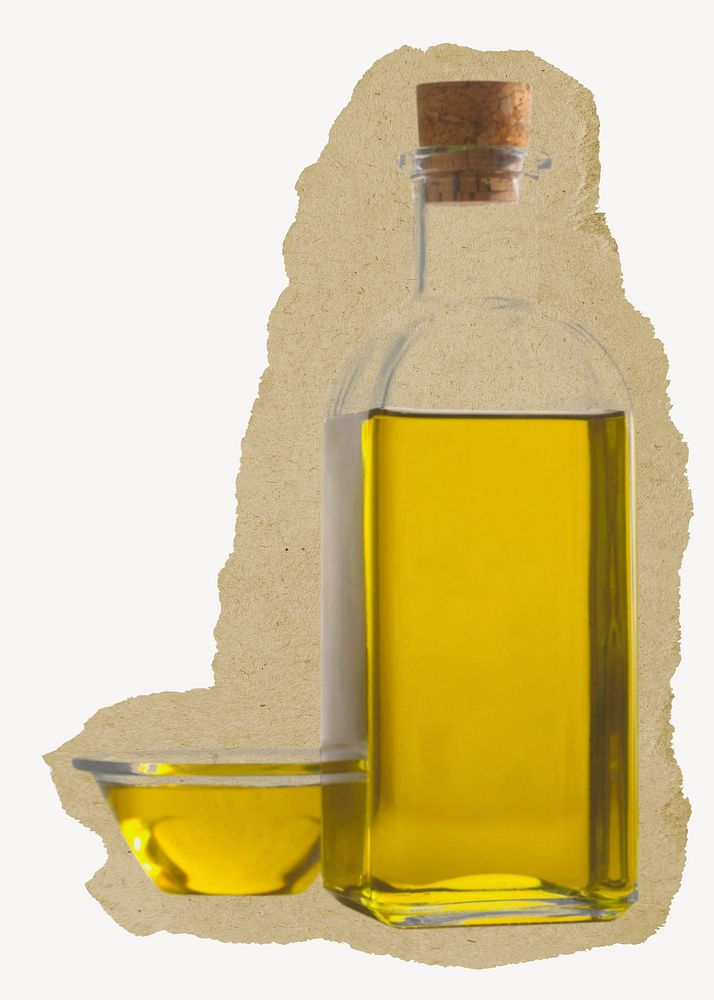 Olive oil, food on torn paper