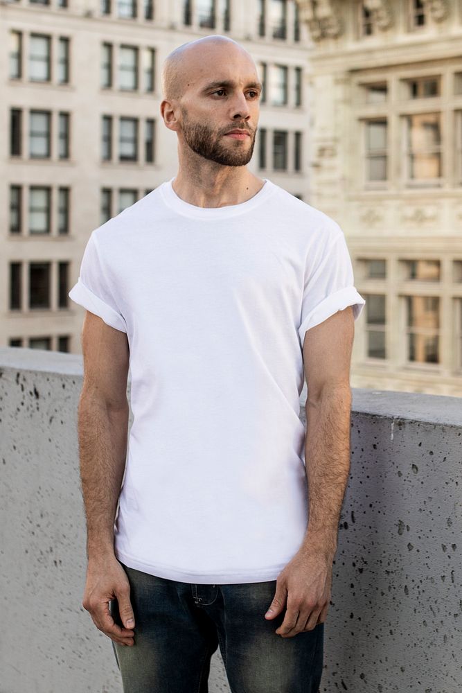 Casual white t-shirt mockup psd man in the city apparel shoot