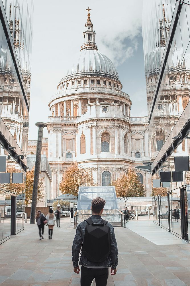 Man walking towards St. Paul's Cathedral in central London