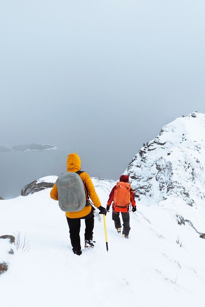 Hikers up in Reinebringen in the Lofoten Islands, Norway