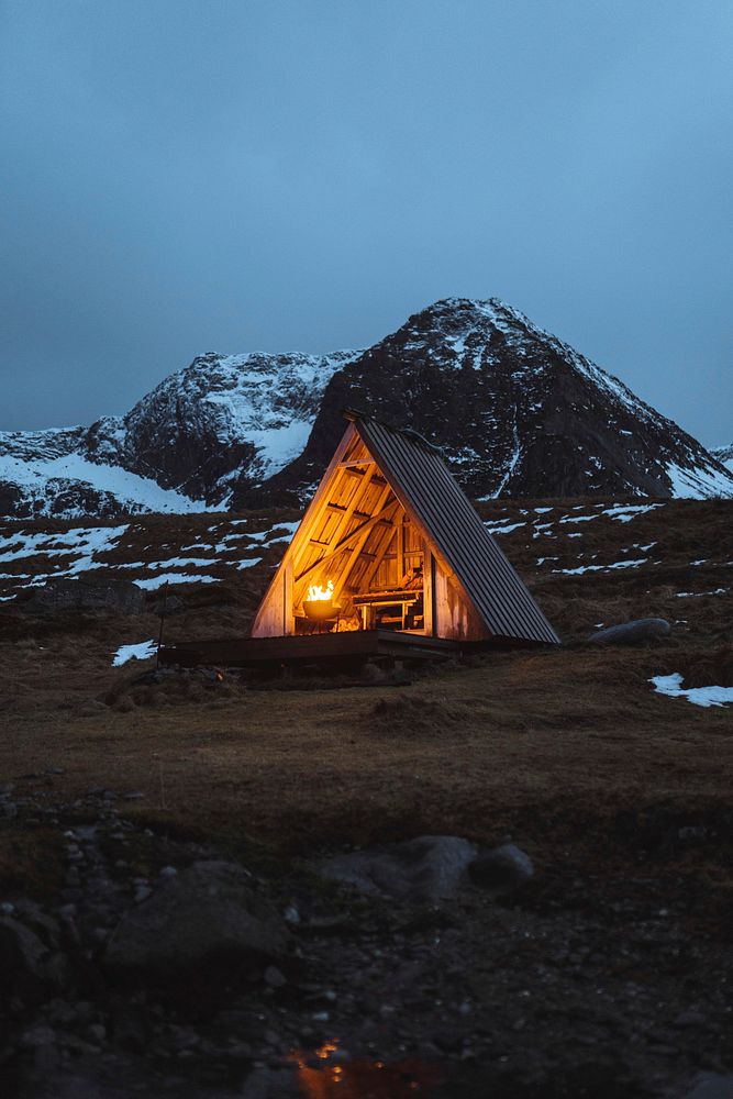 Fire pit in a wooden hut on Lofoten island, Norway