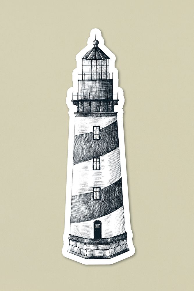 Hand drawn vintage lighthouse sticker with a white border