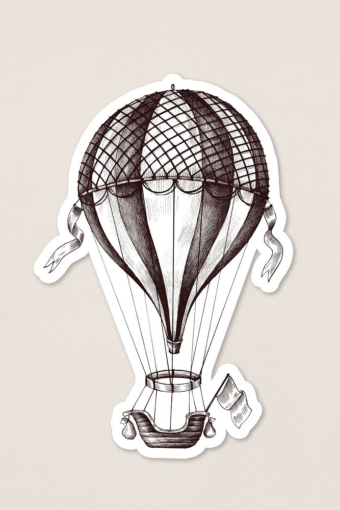 Hand drawn hot air balloon sticker with a white border