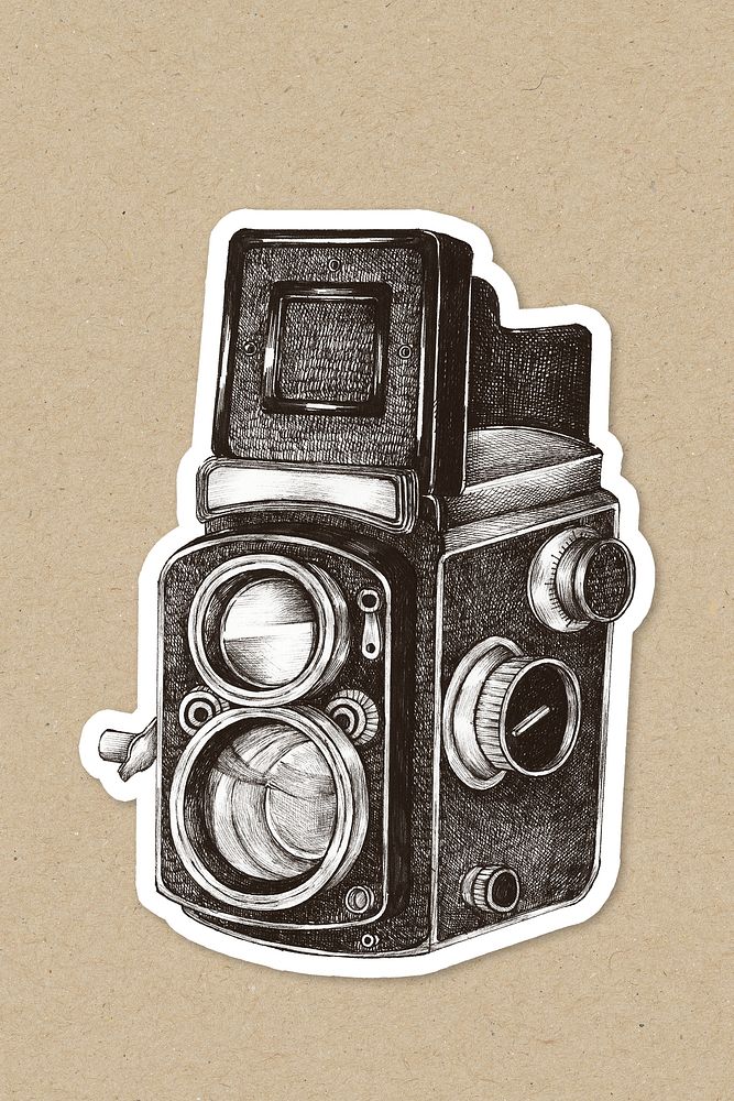 Hand drawn retro film camera sticker with a white border