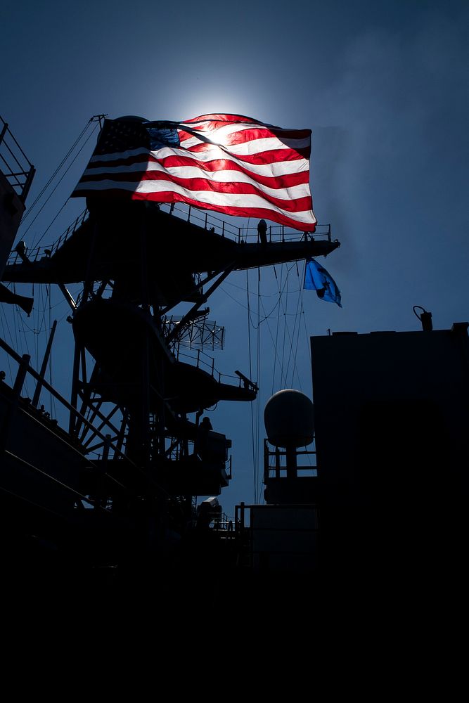 BALTIC SEA (June 9, 2018) The American flag flies from the mast of the Harpers Ferry-class dock landing ship USS Oak Hill…