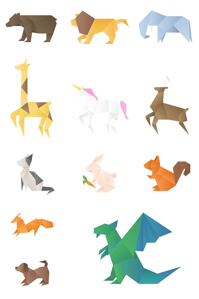 Paper craft animals vector illustration side view set
