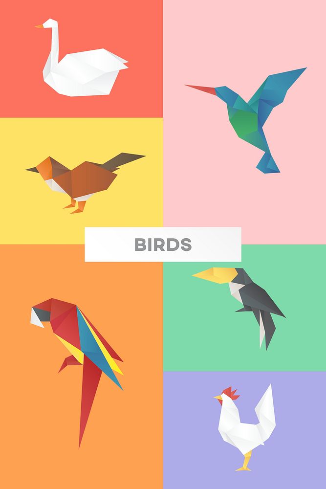 Cute birds origami psd paper craft collection