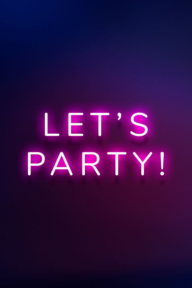Glowing Let's party neon typography on a purple background