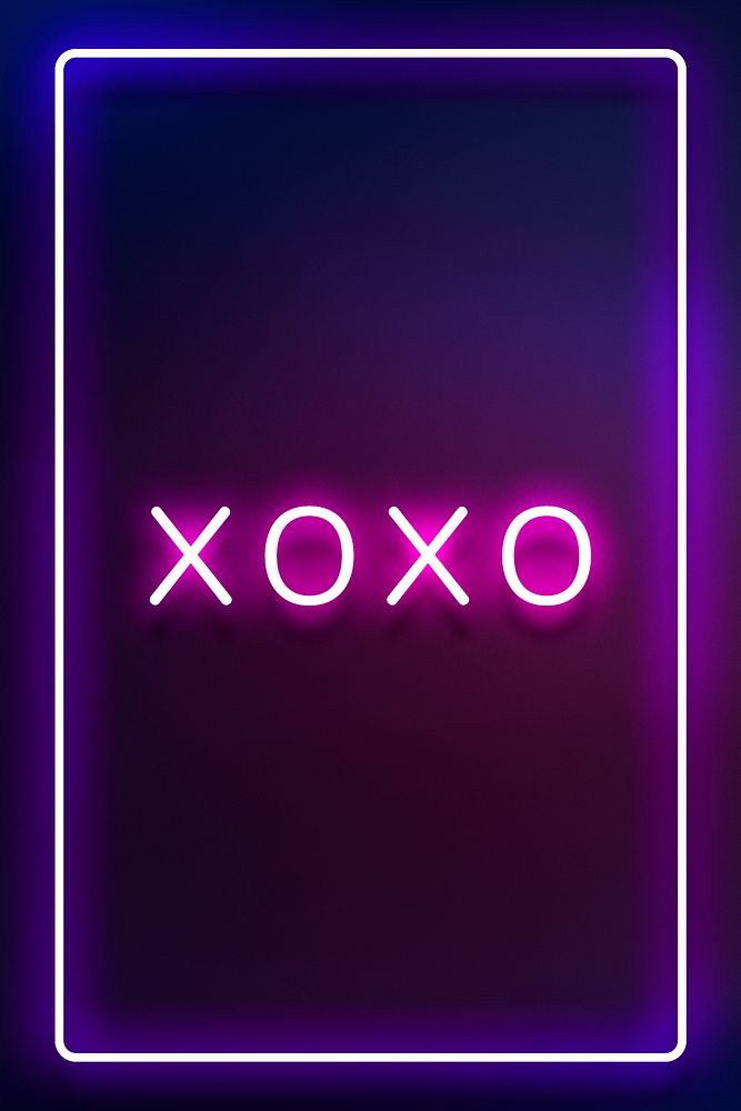 Glowing XOXO neon typography on a dark purple background